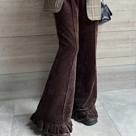 Coffee Brown Women's Elastic Waist Velvetish ruffled Hem Long Pants